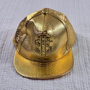 Unbranded Snapback Hat Unisex OS Gold EUC Snakeskin Rhinestone Dollar Sign Bling